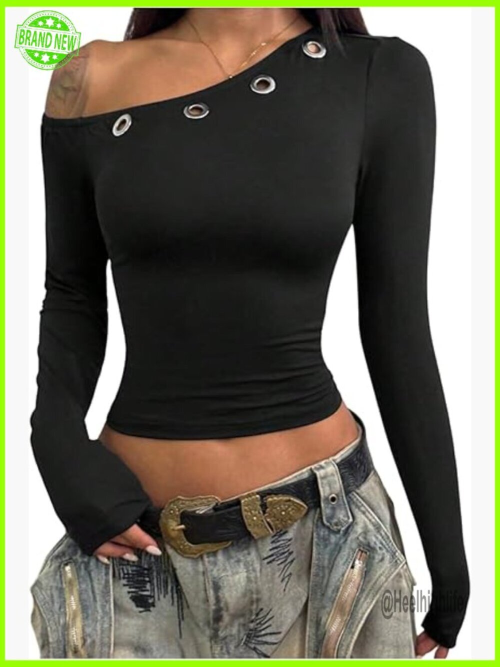 Off The Shoulder Crop Top Long Sleeve Y2k Punk Going Out Tee
